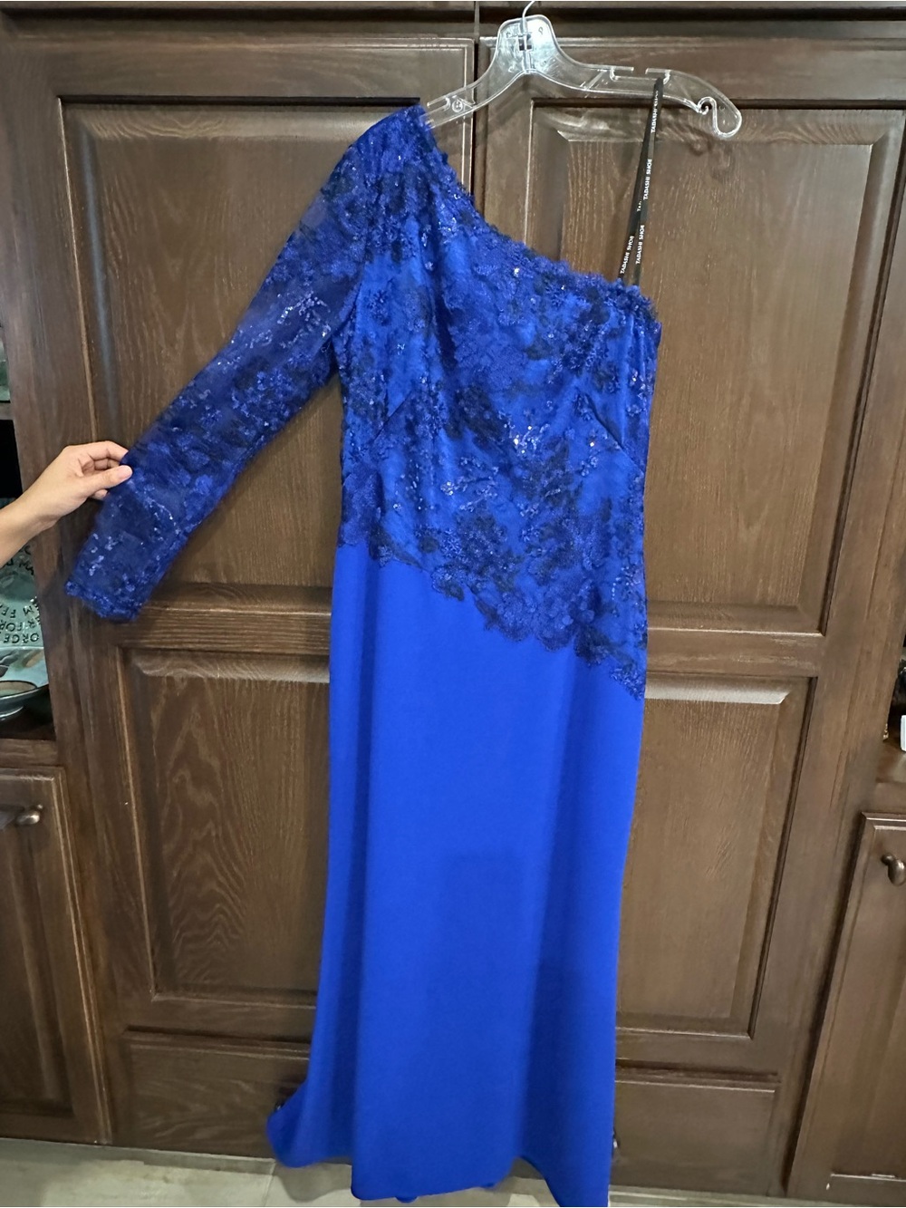 Tadashi Shoji Cobalt Blue One-Shoulder Lace & Sequin Evening Gown